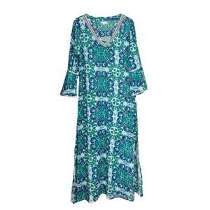 Debbie Katz SAFI Turquoise Pattern V-Neck Silver Trim Lightweight Maxi Dress XL